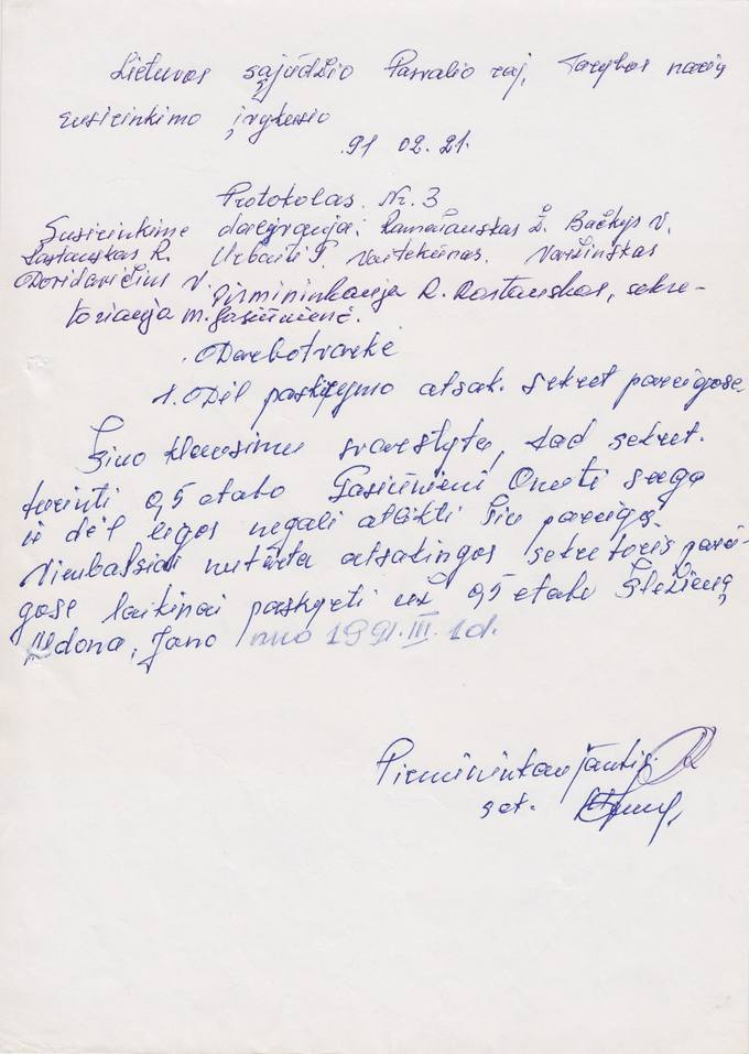 Lietuvos Sajūdžio Pasvalio rajono Tarybos narių susirinkimo, įvykusio 1991.02.21, Protokolas Nr. 3